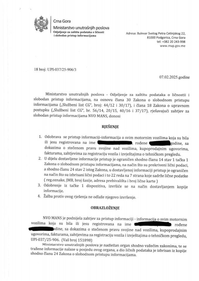 Rješenje br. 18-UPI-037/25-906/3