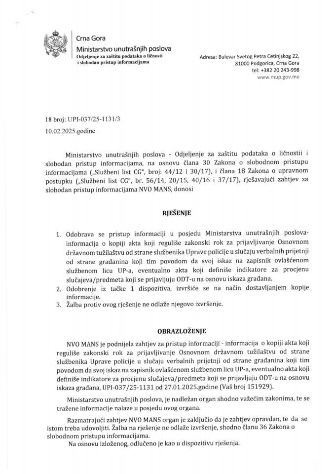 Rješenje br. 18-UPI-037/25-1131/3