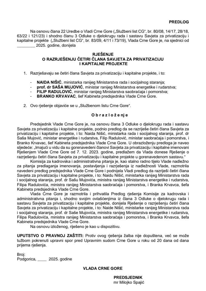 Предлог за разрјешење четири члана Савјета за приватизацију и капиталне пројекте