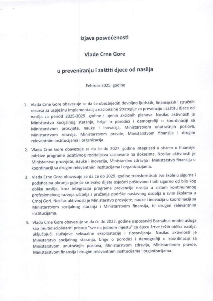 Предлог изјаве о посвећености Владе Црне Горе превенирању и заштити дјеце од насиља