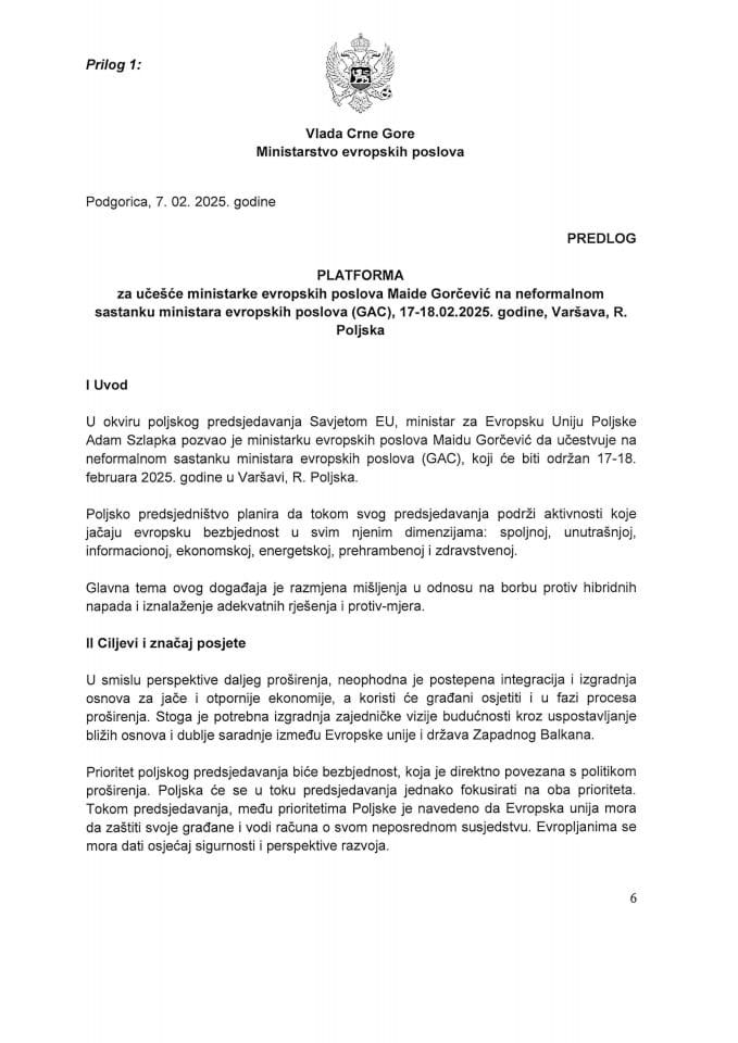 Predlog platforme za učešće ministarke evropskih poslova Maide Gorčević na neformalnom sastanku ministara evropskih poslova (GAC), 17-18. 2. 2025. godine, Varšava, Republika Poljska