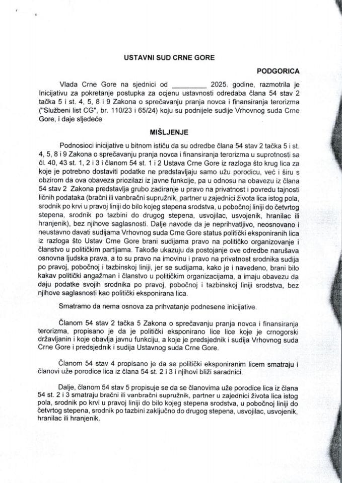 Predlog mišljenja na Inicijativu za pokretanje postupka za ocjenu ustavnosti odredaba člana 54 stav 2 tačka 5 i st. 4, 5, 8 i 9 Zakona o sprečavanju pranja novca i finansiranja terorizma, koju su podnijele sudije Vrhovnog suda Crne Gore