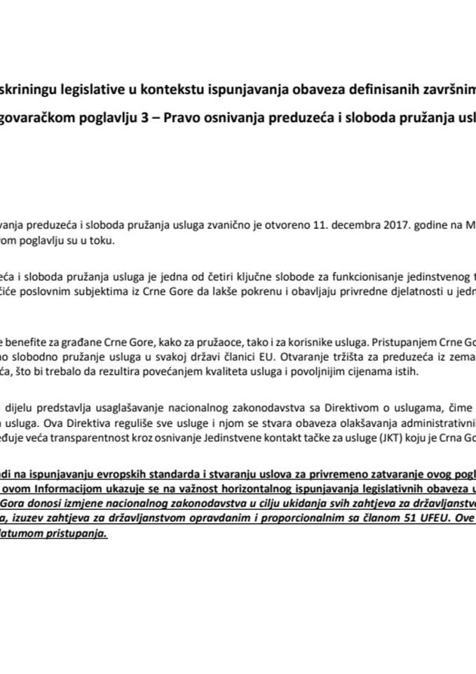 Информација о скринингу легислативе у контексту испуњавања обавеза дефинисаних завршним мјерилом 4 у преговарачком поглављу 3 – Право оснивања предузећа и слобода пружања услуга