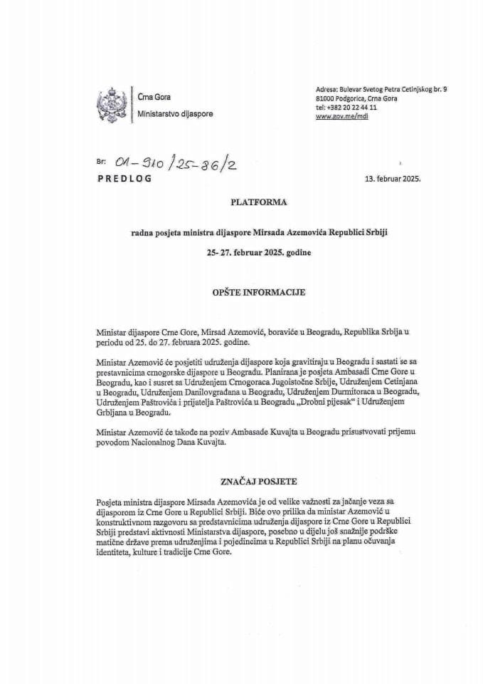 Predlog platforme za radnu posjetu ministra dijaspore Mirsada Azemovića Beogradu, Republika Srbija 25 - 27. februar 2025. godine