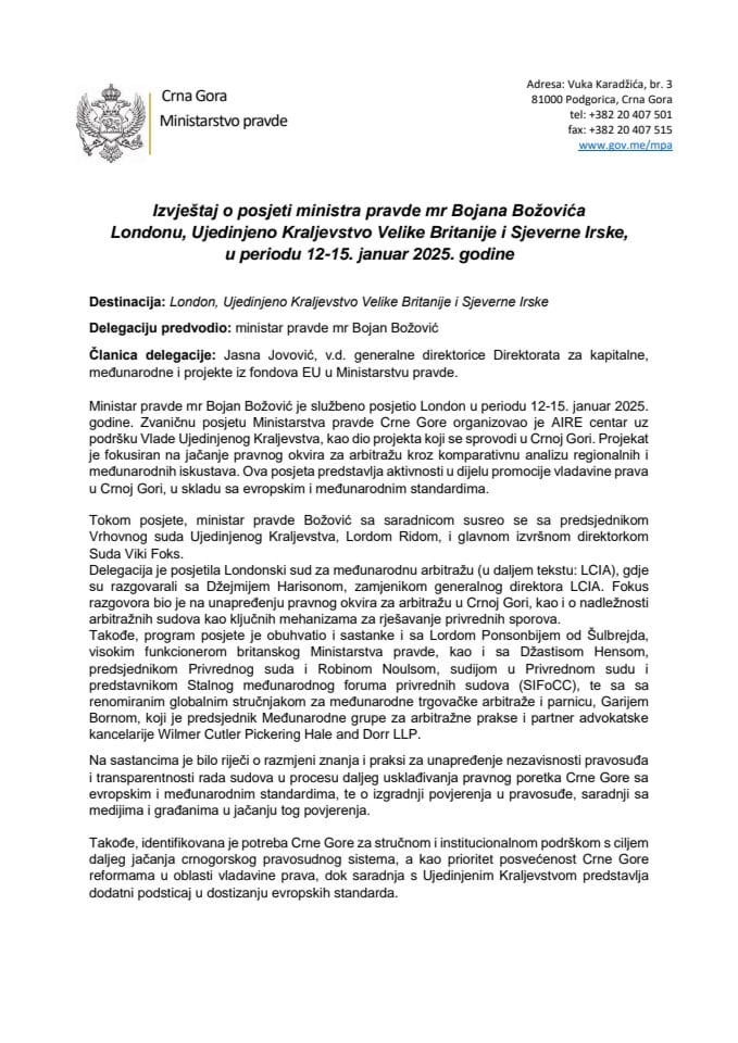 Извјештај о посјети министра правде, мр Бојана Божовића, Лондону, Уједињено Краљевство Велике Британије и Сјеверне Ирске, у периоду 12-15. јануар 2025. године