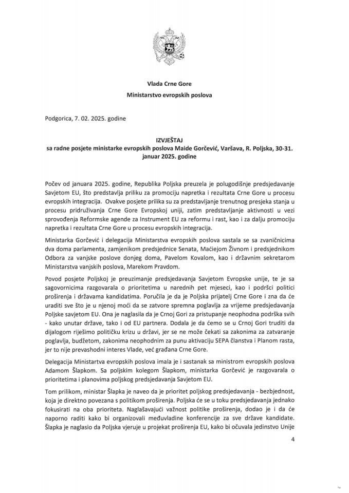 Извјештај са радне посјете министарке европских послова Маиде Горчевић, Варшава, Република Пољска, 30-31. јануар 2025. године