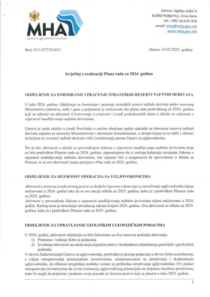 Izvještaj o realizaciji Plana rada za 2024. godinu