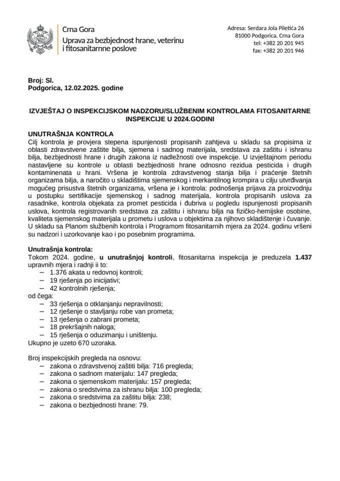 Годишњи извјештај за 2024. годину - фитосанитарна инспекција