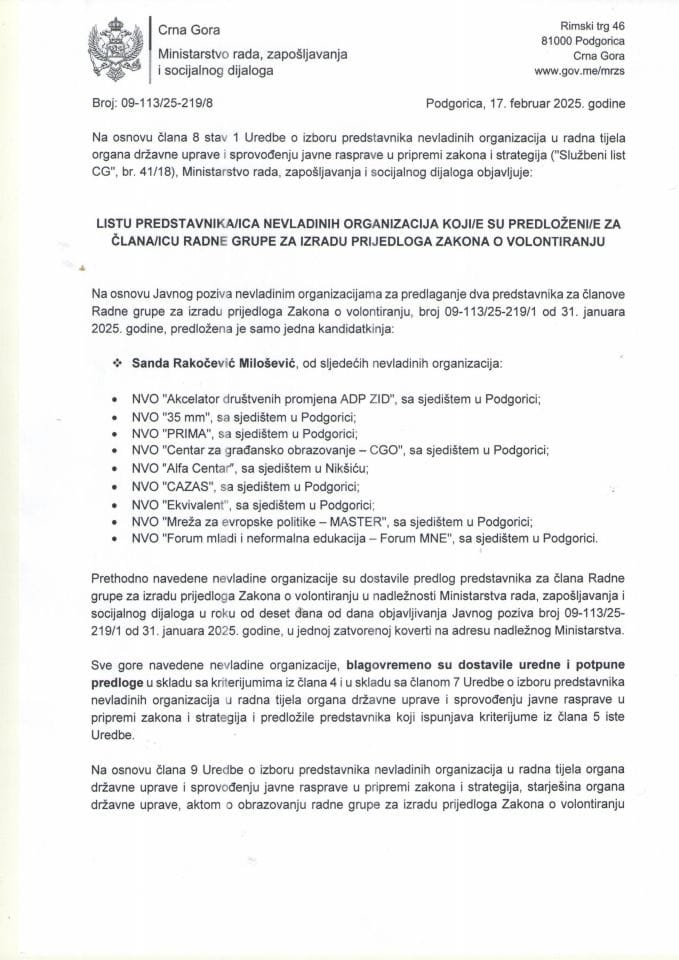 Листа представника НВО који су предложени за члана Радне групе за израду предлога Закона о волонтирању