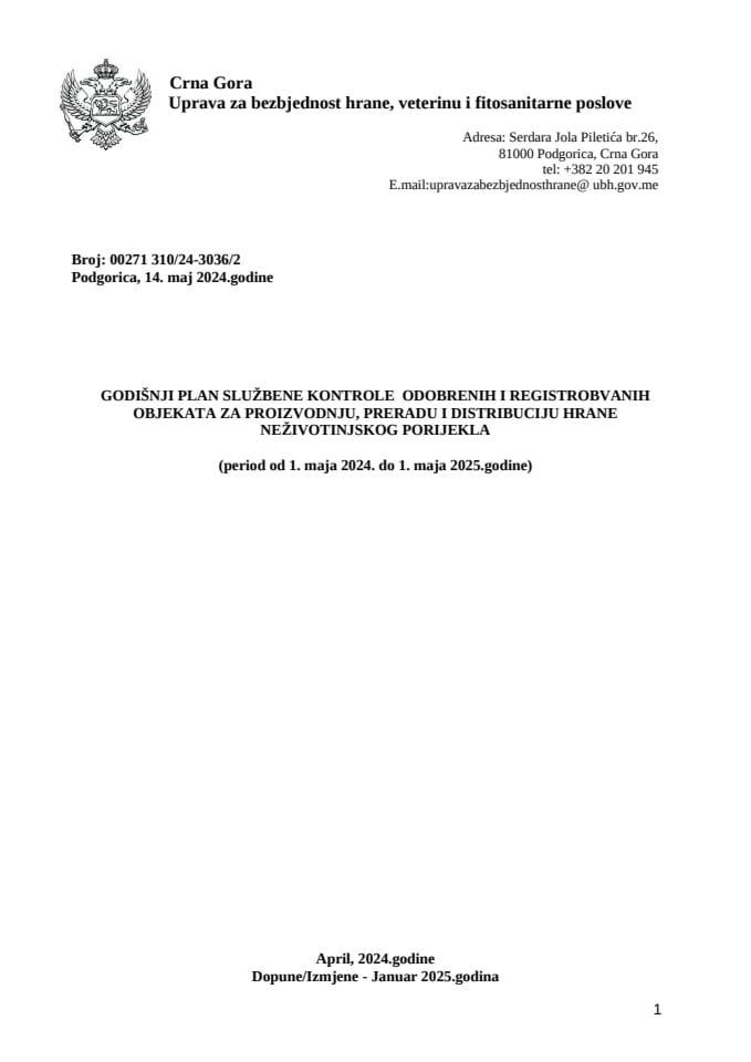 Годишњи план службених контрола хране неживотињског поријекла за период од 1.маја  2024. до 1.маја 2025.