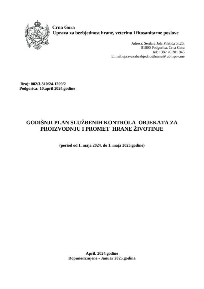 Godišnji plan službenih kontrola hrane za zivotinje za period 1.maj 2024.-1.maj 2025. godine