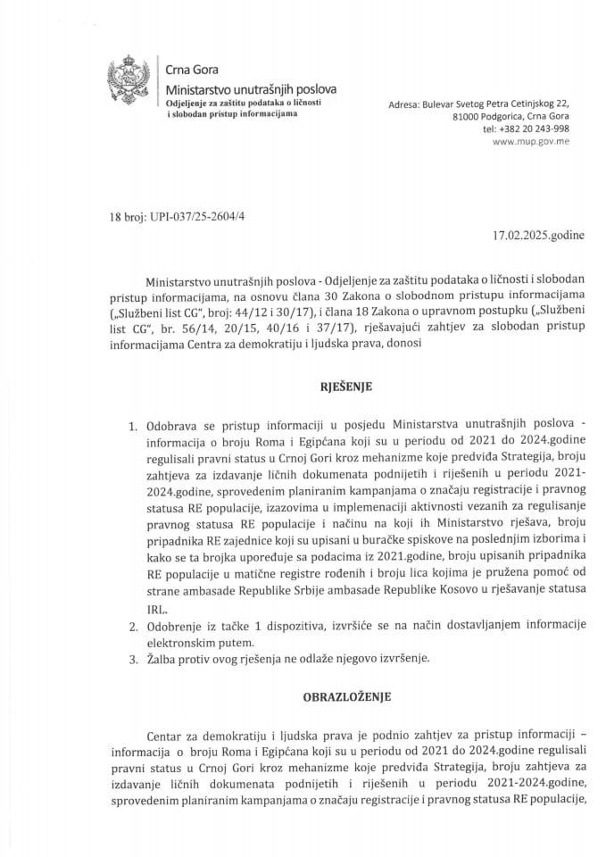 Rješenje br. 18-UPI-037/25-2604/4