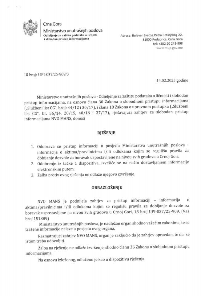 Rješenje br. 18-UPI-037/25-909/3