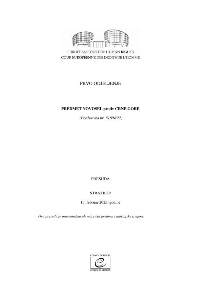 пресуда НОВОСЕЛ против ЦРНЕ ГОРЕ