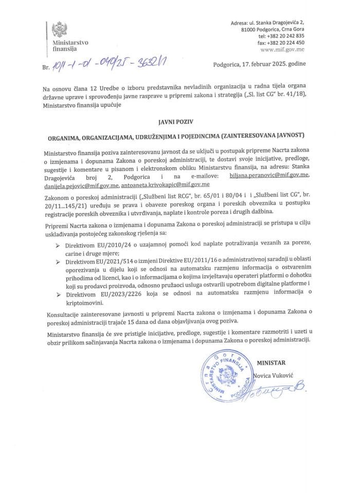 Javni poziv organima, organizacijama, udruženjima i pojedincima - postupak pripreme Nacrta zakona o izmjenama i dopunama Zakona o poreskoj administraciji