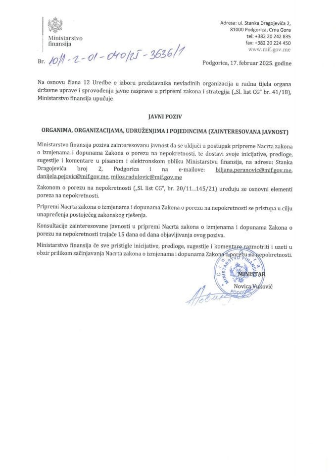 Javni poziv organima, organizacijama, udruženjima i pojedincima - postupak pripreme Nacrta zakona o izmjenama i dopunama Zakona o porezu na nepokretnosti