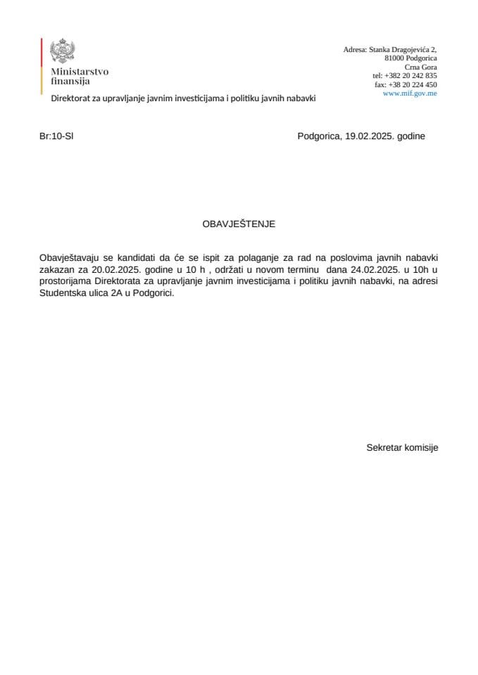 Obavještenje o promjeni termina polaganja stručnog ispita