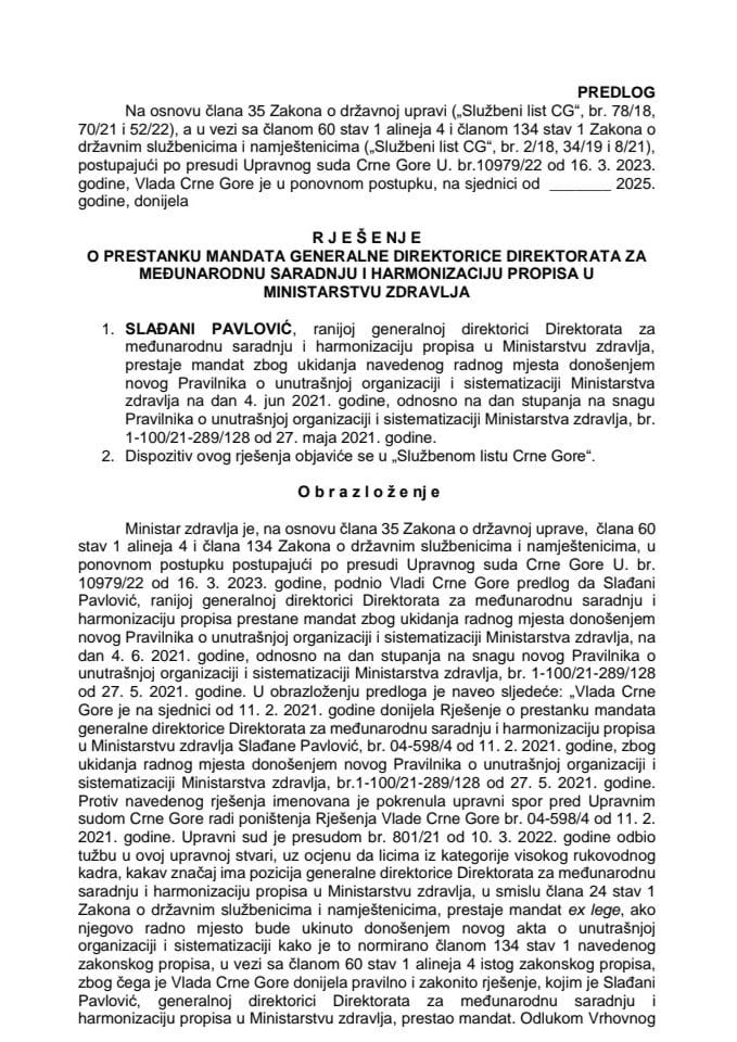 Предлог за престанак мандата генералне директорице Директората за међународну сарадњу и хармонизацију прописа у Министарству здравља