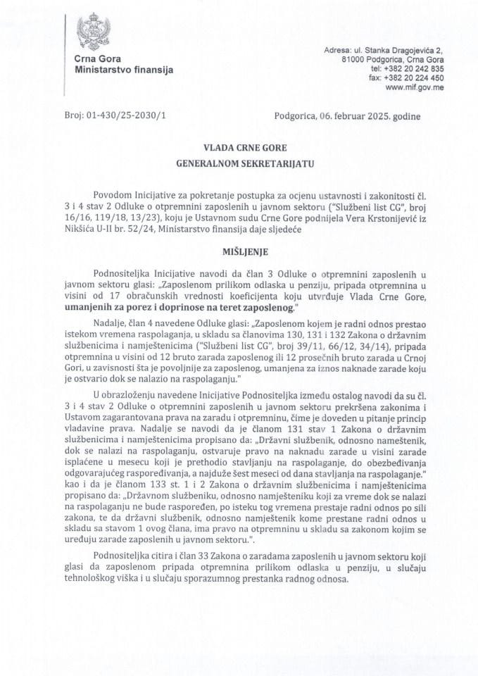 Предлог мишљења на Иницијативу за покретање поступка за оцјену уставности и законитости чл. 3 и 4 став 2 Одлуке о отпремнини запослених у јавном сектору („Службени лист ЦГ“, бр. 32/16, 19/18 и 13/23), коју је поднијела Вера Крстонијевић, из Никшића