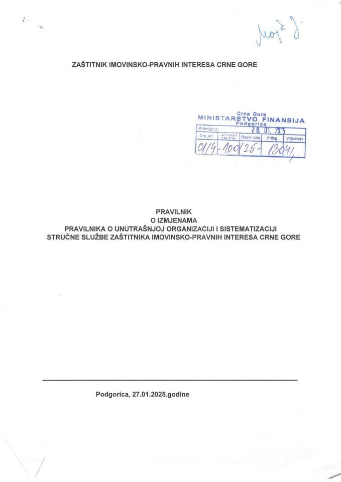 Predlog pravilnika o izmjenama Pravilnika o unutrašnjoj organizaciji i sistematizaciji Stručne službe Zaštitnika imovinsko - pravnih interesa Crne Gore