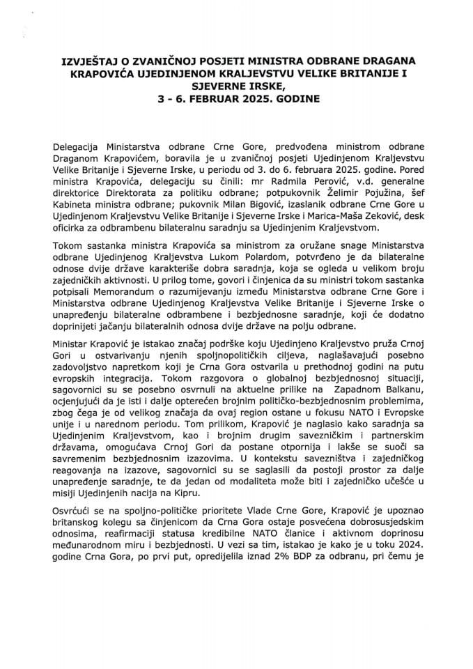 Извјештај о званичној посјети министра одбране Драгана Краповића Уједињеном Краљевству Велике Британије и Сјеверне Ирске, 3 – 6. фебруар 2025. године