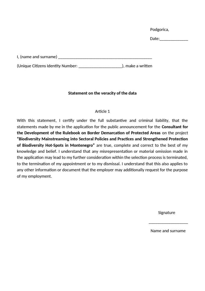 Јавни оглас за локалног консултанта за израду Правилника о утврђивању граница заштићених подручја у оквиру ГЕФ7 пројекта - Аннеx-2-статемент