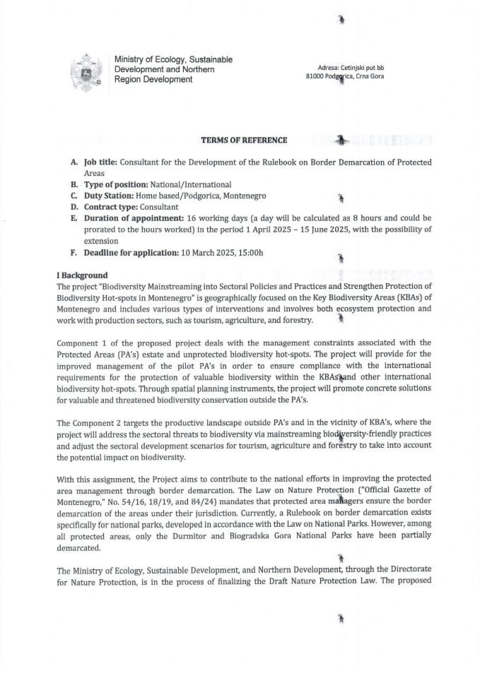 Јавни оглас за локалног консултанта за израду Правилника о утврђивању граница заштићених подручја у оквиру ГЕФ7 пројекта - ГЕФ7_ТоР