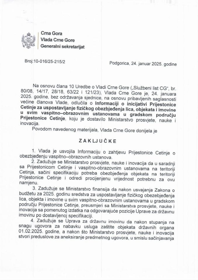 Informacija o inicijativi Prijestonice Cetinje za uspostavljanje fizičkog obezbjeđenja lica, objekata i imovine u svim vaspitno-obrazovnim ustanovama u gradskom području Prijestonice Cetinje - Zaključci