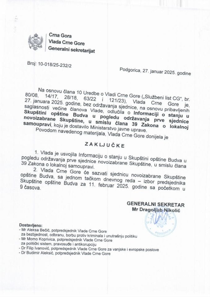 Информација о стању у Скупстини опстине Будва у погледу одрзавања прве сједнице новоизабране Скупстине, у смислу цлана 39 Закона о локалној самоуправи - Закључци