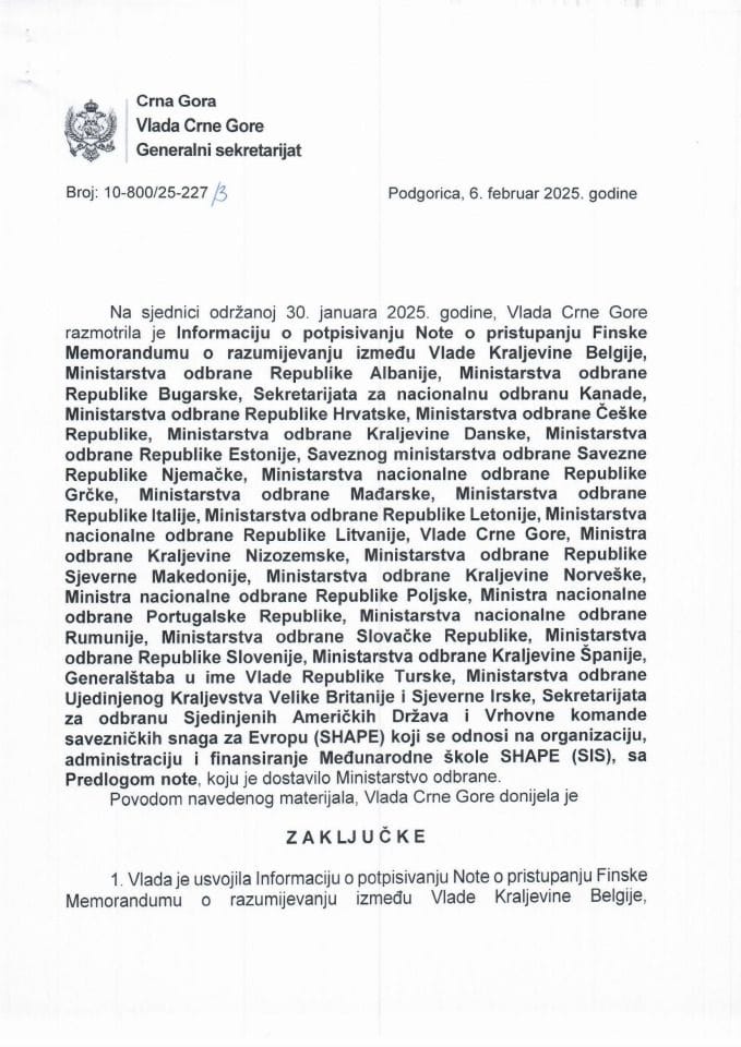 Информација о потписивању Ноте о приступању Финске Меморандуму о разумијевању који се односи на организацију, администрацију и финансирање Међународне школе SHAPE (SIS) - Закључци