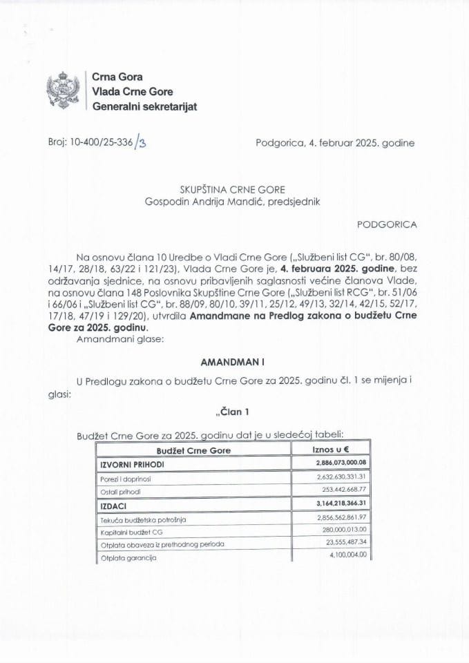 Предлог амандмана на Предлог закона о буџету Црне Горе за 2025. годину - закључци