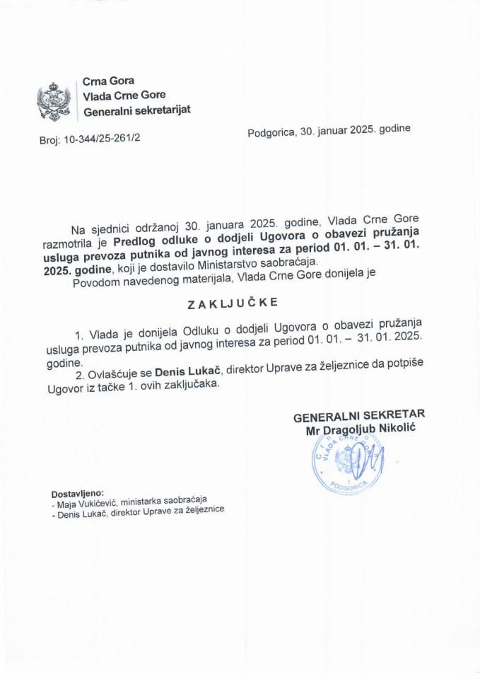 Предлог одлуке о додјели Уговора о обавези пружања услуга превоза путника од јавног интереса за период 01.01. – 31.01.2025. године - Закључци