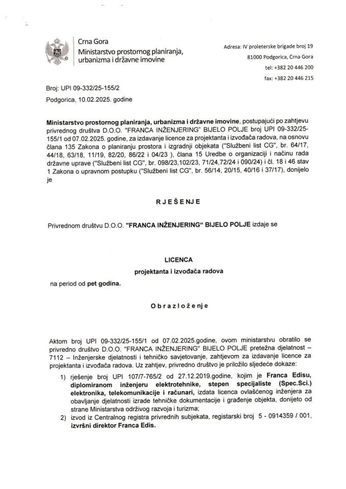 Licence projektanata i izvođača radova - UPI 09-332-25-155-2 D.O.O. FRANCA INŽENJERING