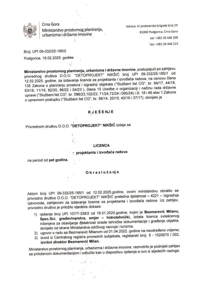 Licence projektanata i izvođača radova - UPI 09-332-25-185-2 D.O.O. DETOPROJEKT