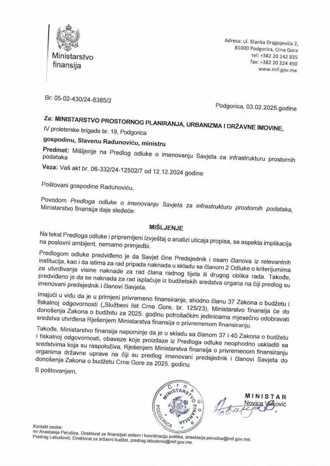 Mišljenje na Predlog Odluke o imenovanju Savjeta za infrastrukturu prostornih podataka