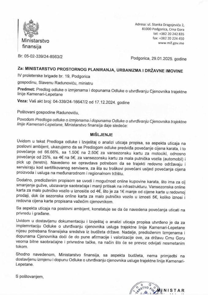 Mišljenje na Predlog odluke o izmjenama i dopunama Odluke o utvrđivanju Cjenovnika trajektne linije Kamenari-Lepetane