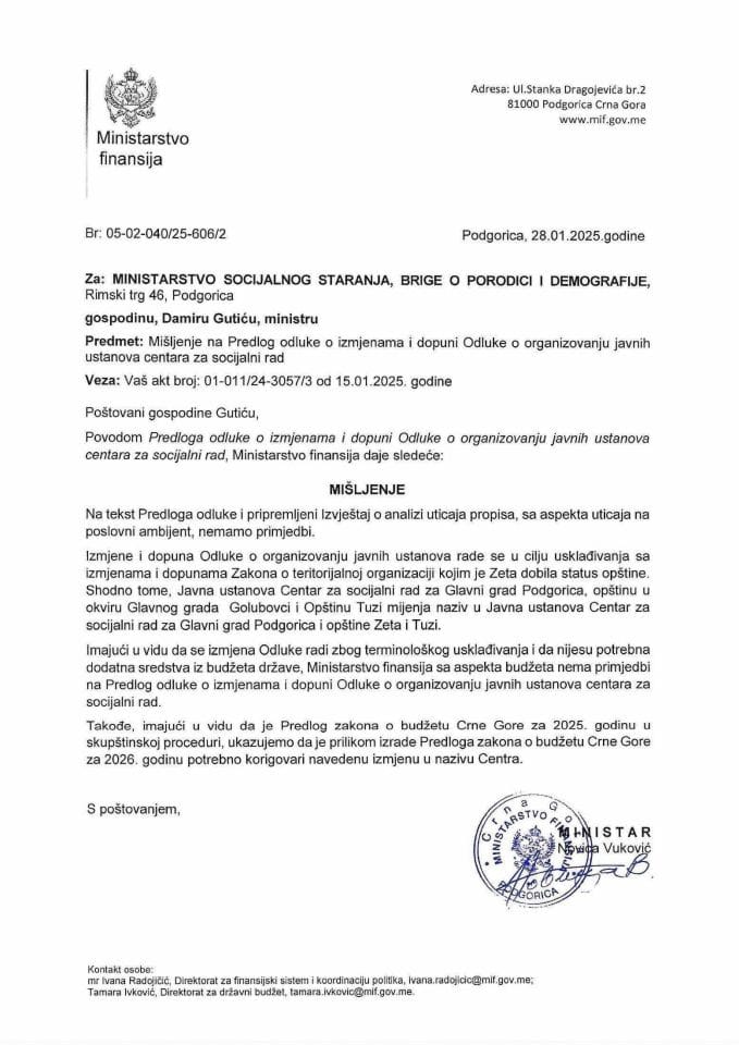 Mišljenje na Predlog Odluke o izmjenama i dopuni Odluke o organizovanju javnih ustanova centra za socijalni rad