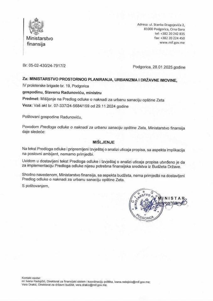 Mišljenje na Predlog Odluke o naknadi za urbanu sanaciju opštine Zeta