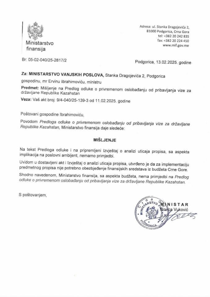 Mišljenje na Predlog odluke o privremenom oslobađanju od pribavljanja vize za državljane Republike Kazahstan