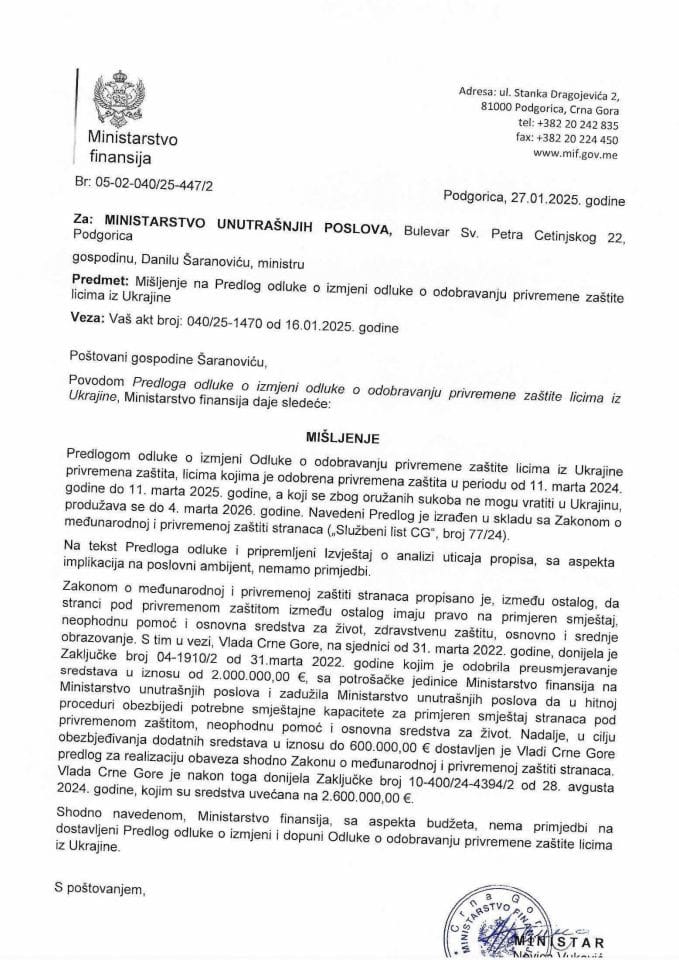 Mišljenje na Predlog odluke o izmjeni odluke o odobravanju privremene zaštite licima iz Ukrajine