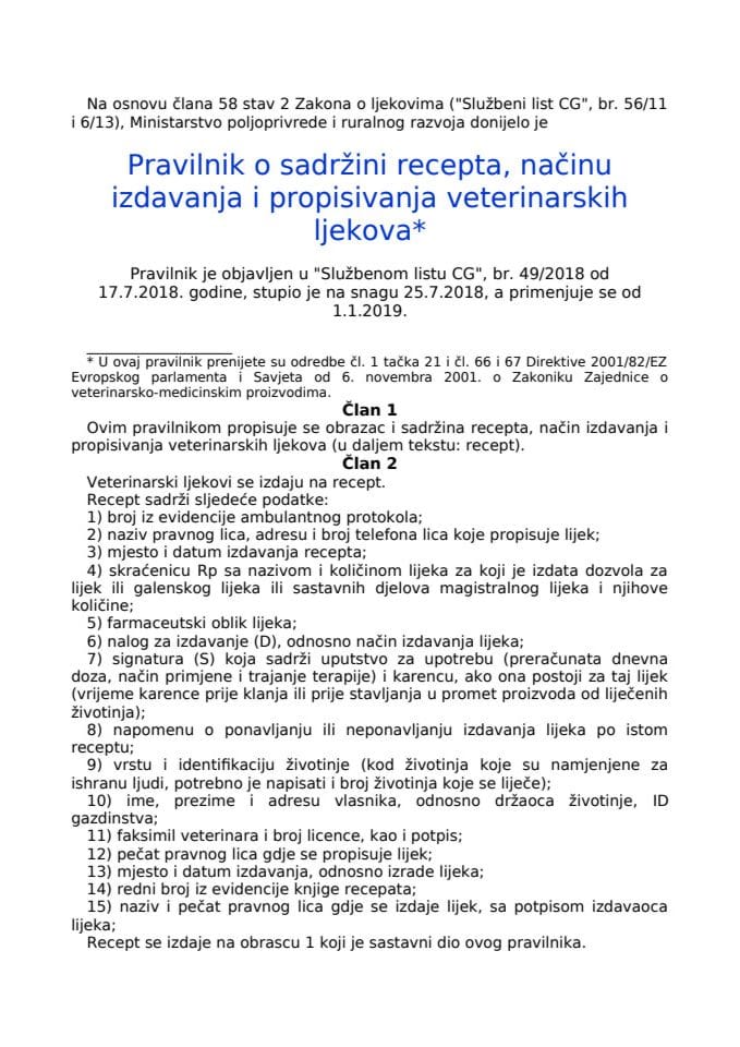 Pravilnik o sadržini recepta, načinu izdavanja i propisivanja veterinarskih ljekova