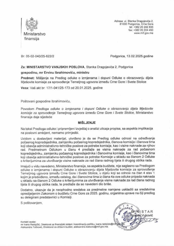 Mišljenje na Predlog odluke o obrazovanju Mješovite komisije za sprovođenje temeljnog ugovora između Crne Gore i Svete Stolice