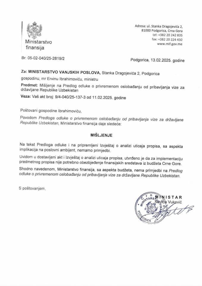 Mišljenje na Predlog odluke o privremenom oslobađanju od pribavljanja vize za državljane Republike Uzbekistan