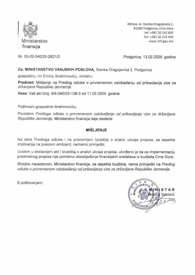 Mišljenje na Predlog odluke o privremenom oslobađanju od pribavljanja vize za državljanje Republike Jermenije