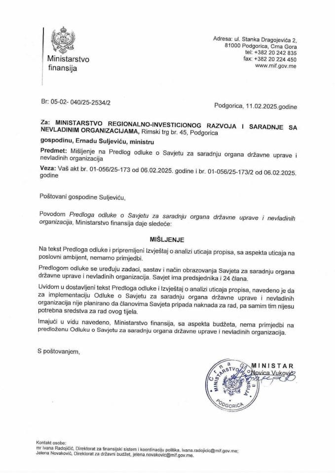 Mišljenje na Predlog odluke o Savjetu za saradnju organa državne uprave i nevladinih organizacija