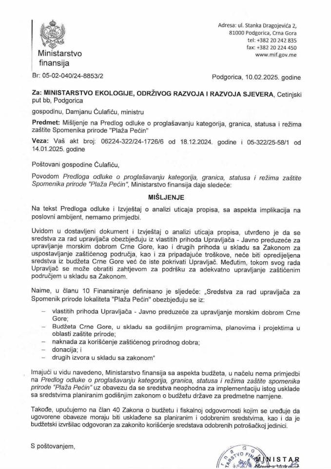 Mišljenje na Predlog odluke o proglašavanju kategorija, granica, statusa i režima zaštite Spomenika prirode "Plaža Pećin"