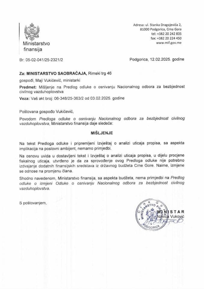 Mišljenje na Predlog odluke o osnivanju Nacionalnog odbora za bezbjednost civilnog vazduhoplovstva