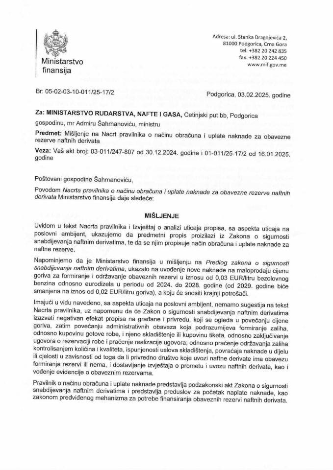 Mišljenje na Nacrt pravilnika o načinu obračuna i uplate naknade za obavezne rezerve naftnih derivata