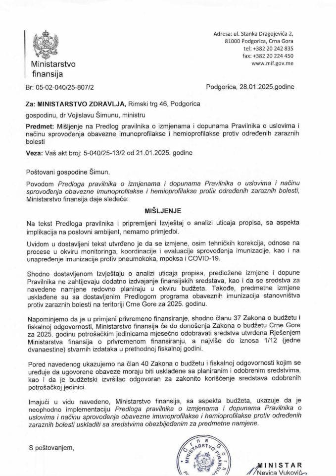 Mišljenje na Predlog pravilnika o sprovođenju obaveze imunoprofilakse i hemioprofilakse protiv zaraznih bolesti