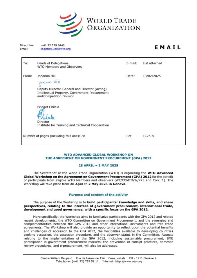 Invitation Letter EN_ES_FR Advanced Global Workshop on the Government Procurement Agreement